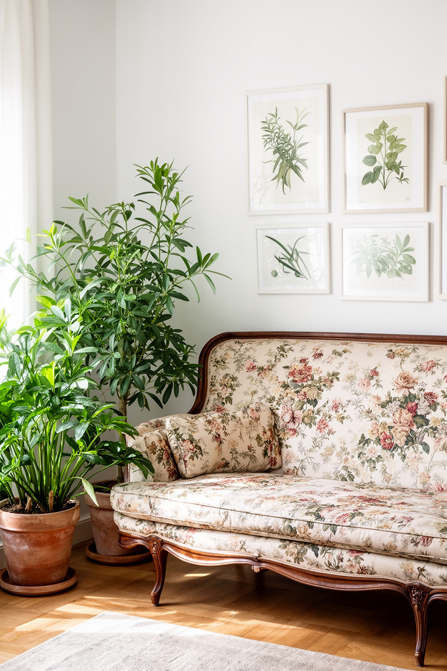 Wohnzimmer im botanischen Vintage-Stil mit antikem Sofa und Pflanzen