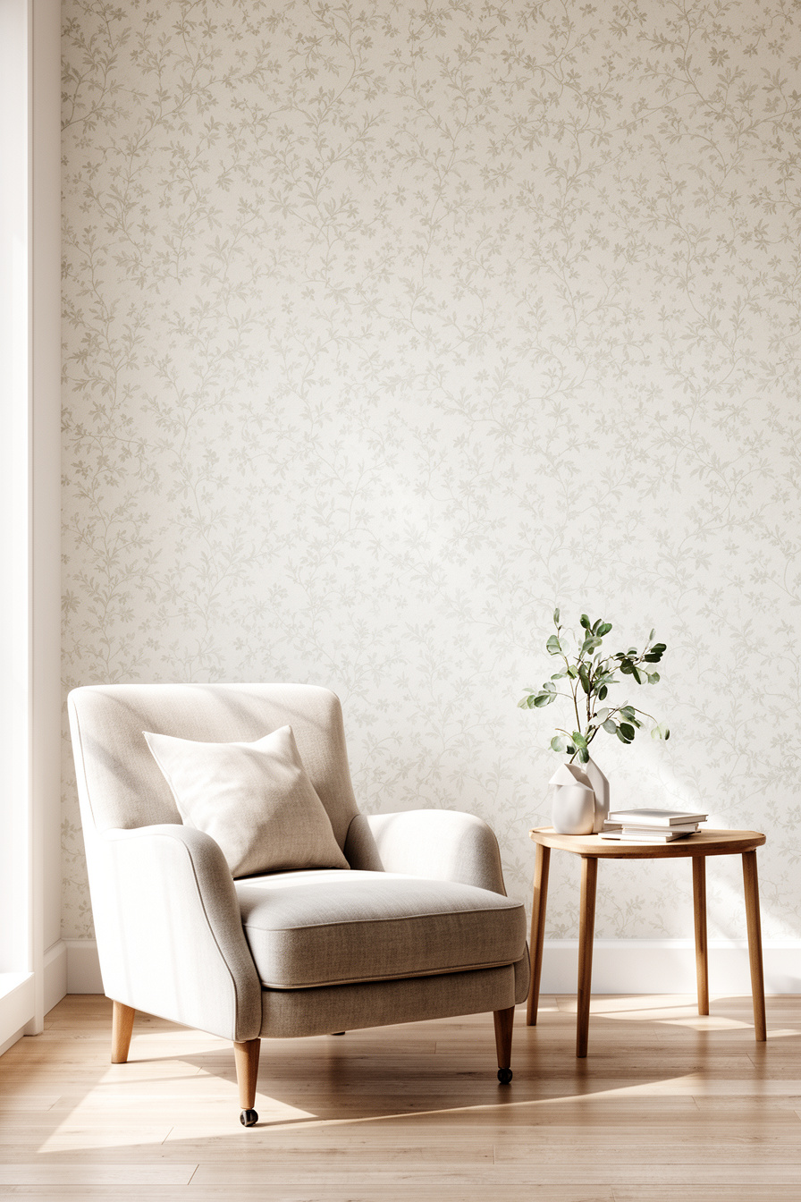Wohnzimmerwand mit dezenter Blumenranken-Tapete und Sessel