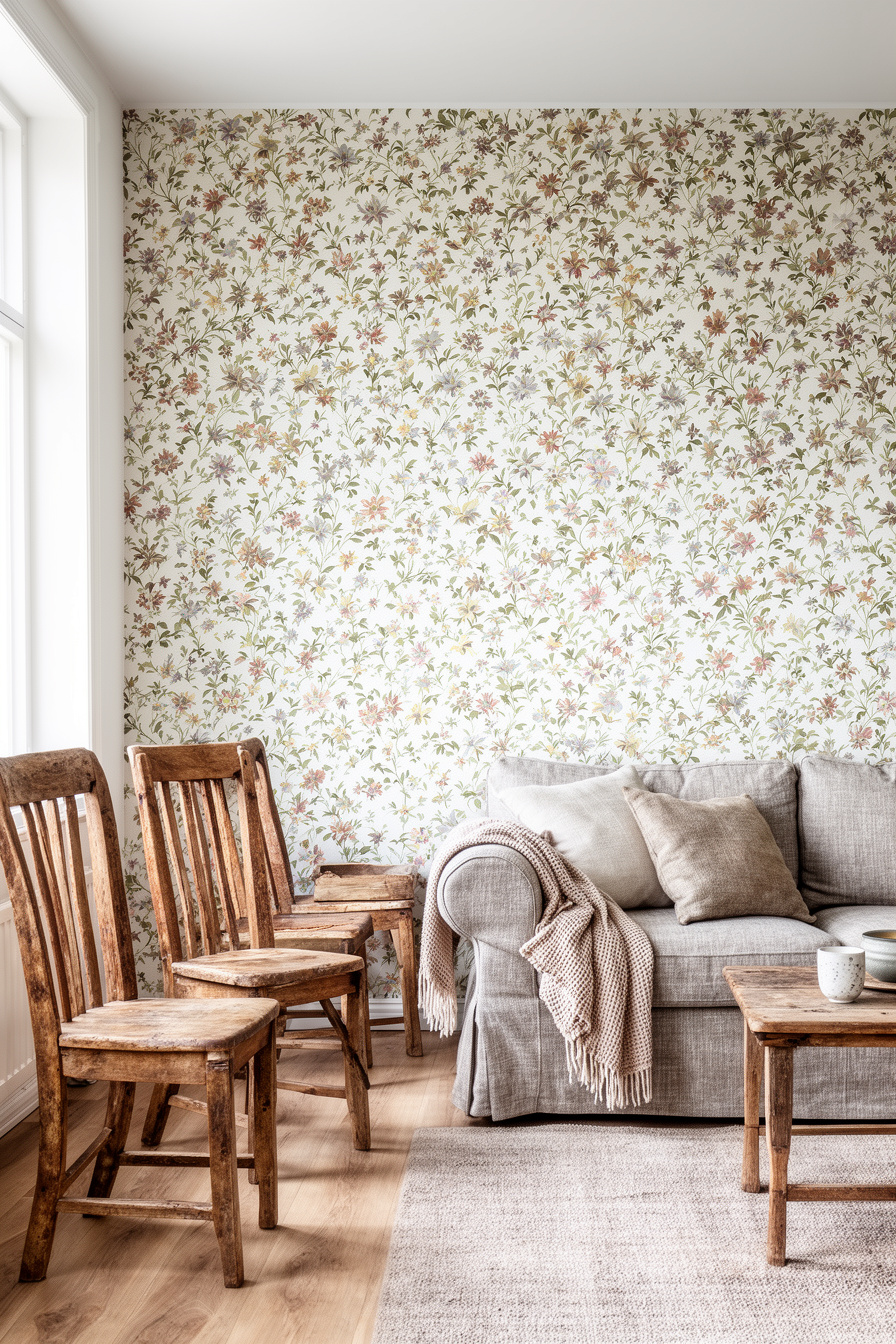Wohnzimmer mit floraler Landhaus-Tapete und Holzmöbeln