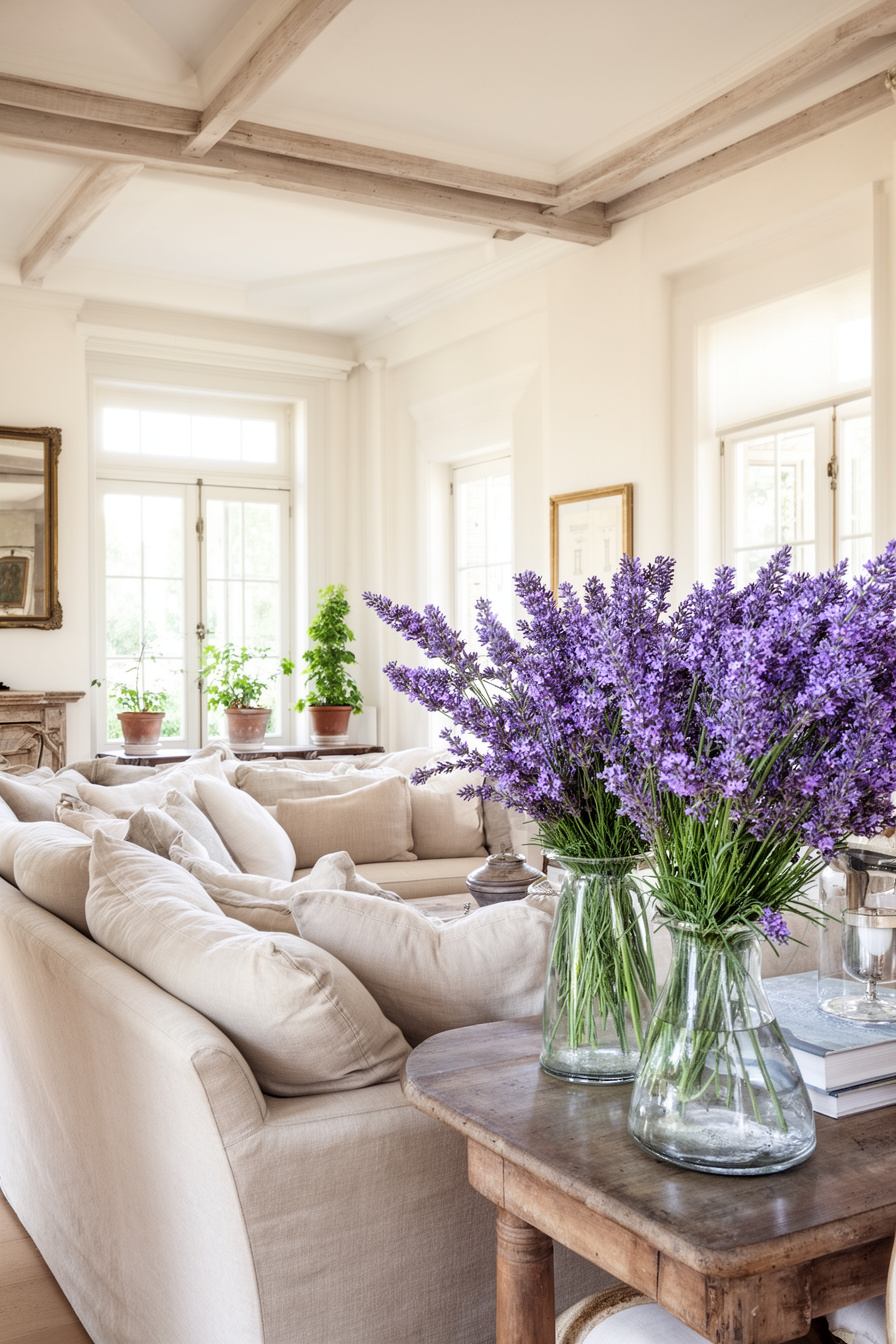 Landhaus Wohnzimmer mit großer Couch und Lavendel