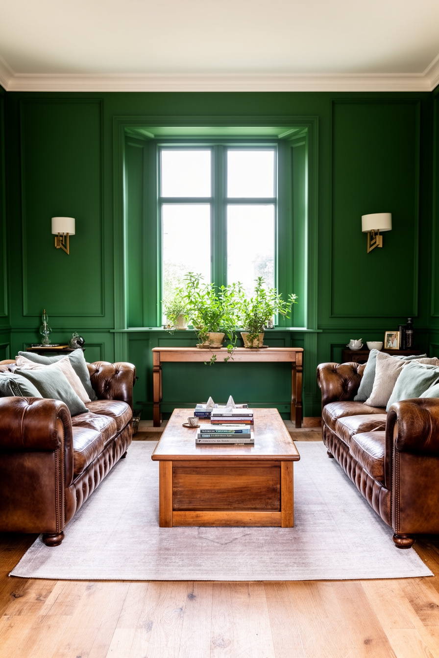 Wohnzimmer im englischen Landhausstil mit grünen Wänden und Chesterfield-Sofas