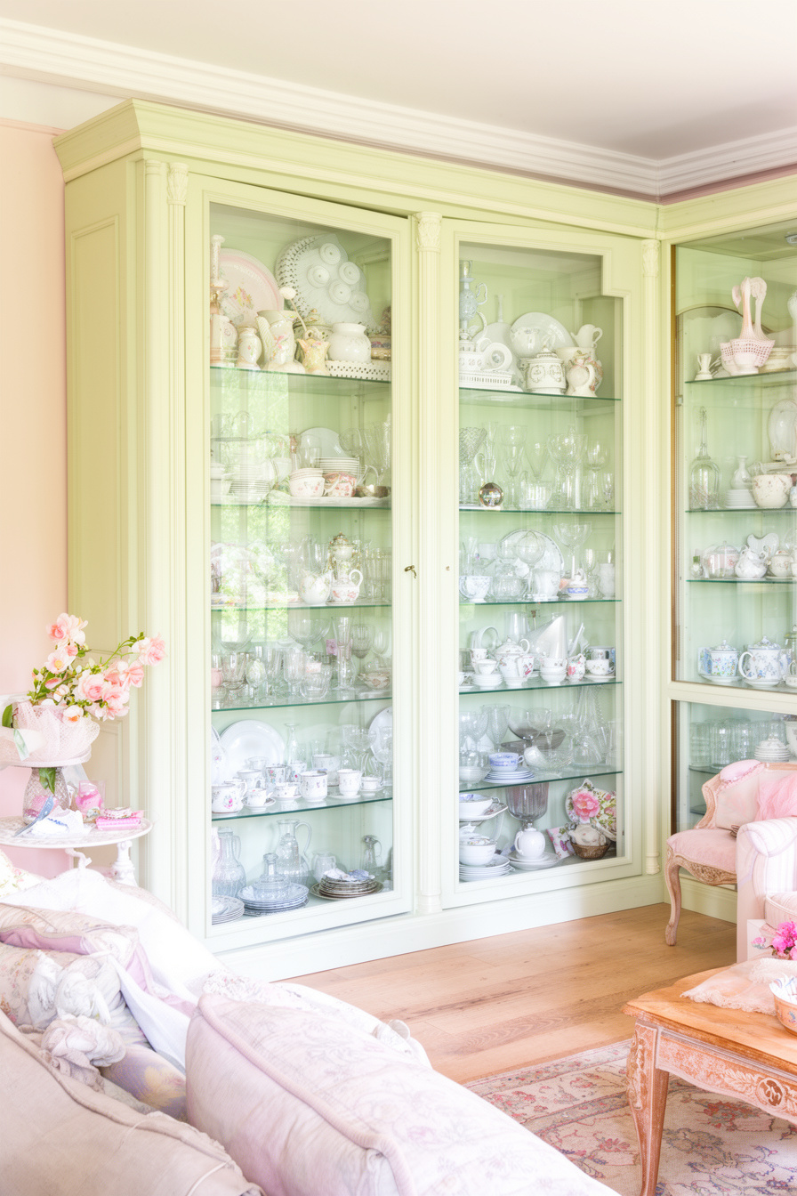 Französisches Landhaus Wohnzimmer mit Pastell und Vitrine