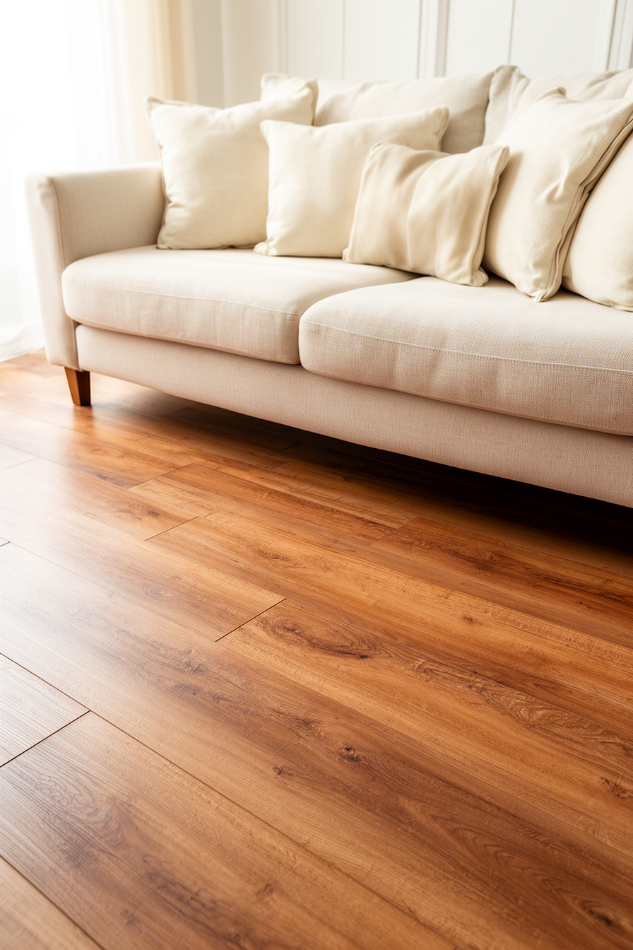 Wohnzimmer mit Holzboden und cremefarbenen Accessoires