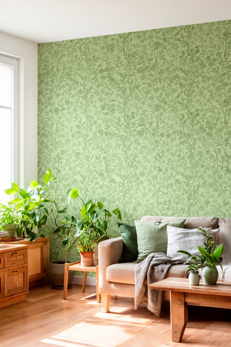 Wohnzimmer mit Landhaus-Tapete in Grüntönen und Holzmöbeln