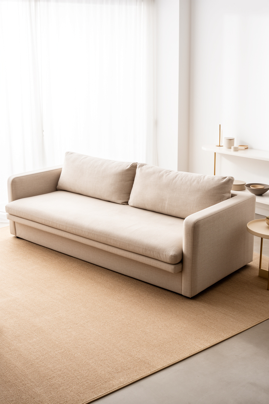 Modernes Landhaus Wohnzimmer mit beigem Teppich und Sofa