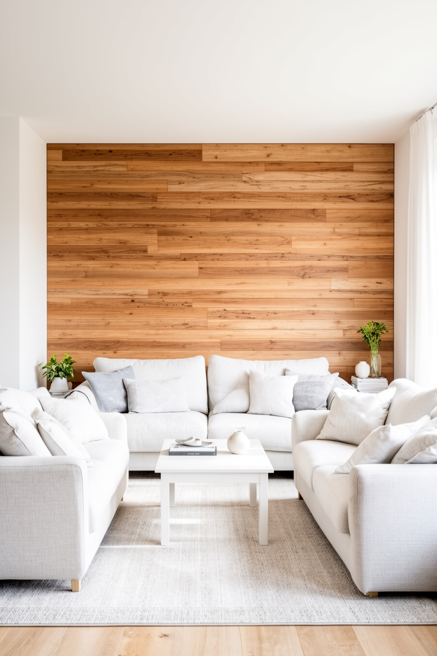 Skandi Landhaus Wohnzimmer mit heller Couch und Holzvertäfelung