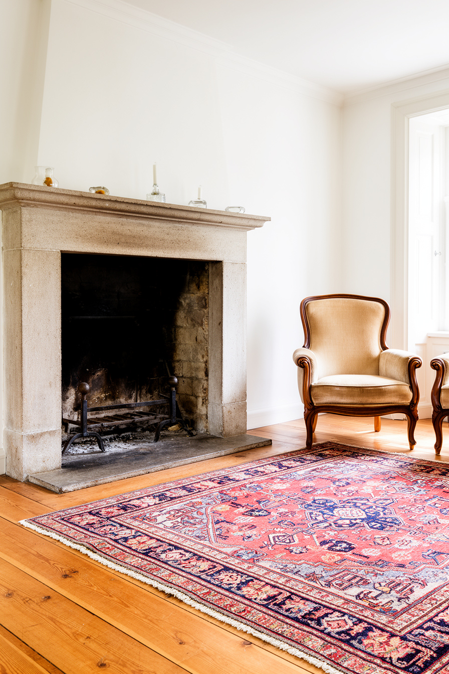 Wohnzimmer mit Kamin, Vintage-Sessel und Teppich