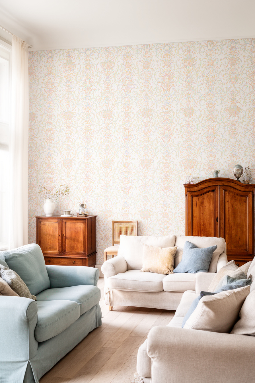 Wohnzimmer mit pastellfarbener Vintage-Tapete und sanfter Einrichtung