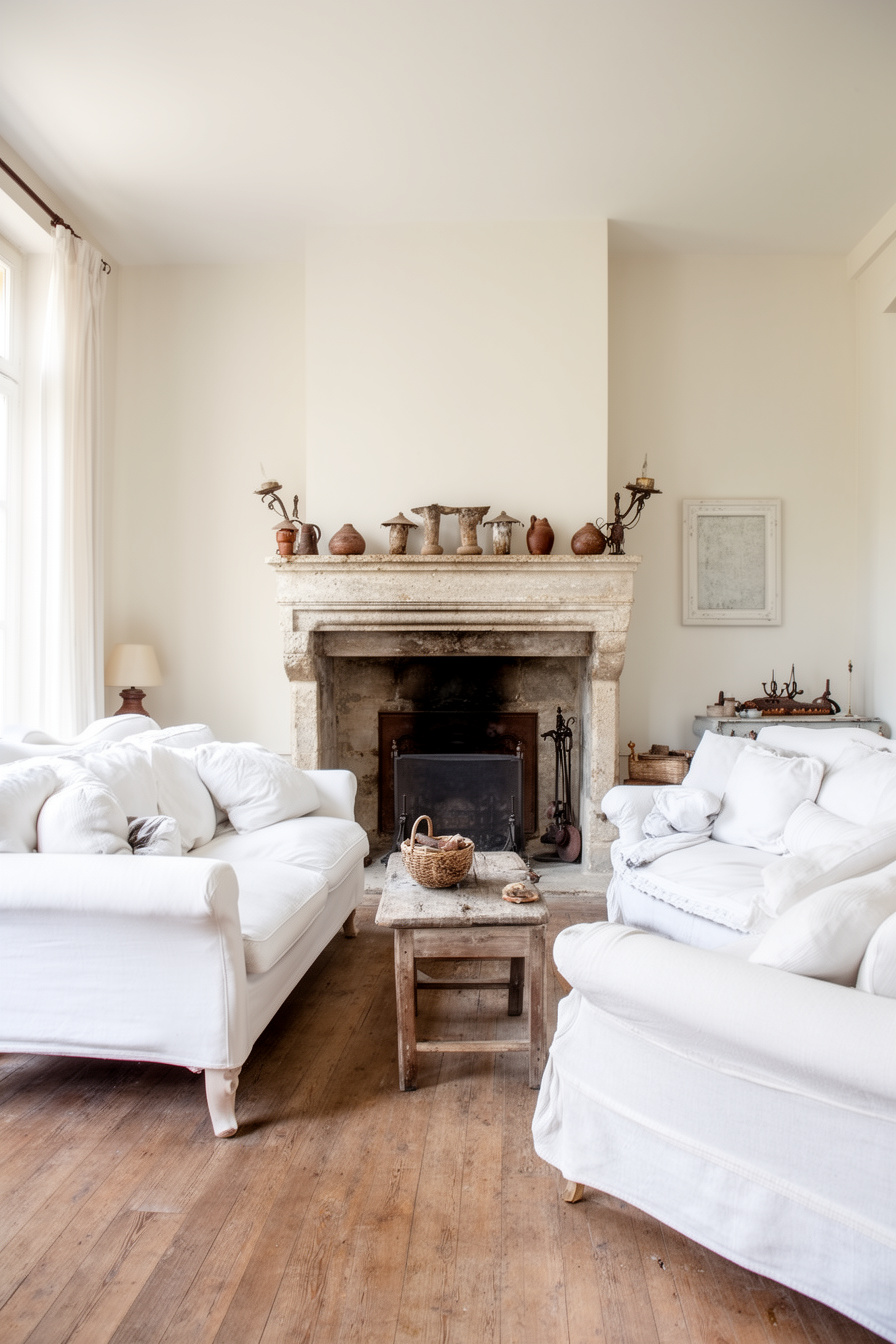 Wohnzimmer im französischen Landhausstil mit Kamin