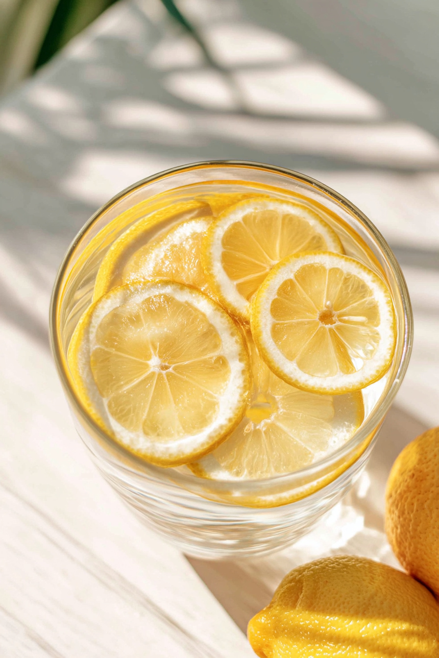 Glas mit Zitronenscheiben als sommerliche Tischdeko