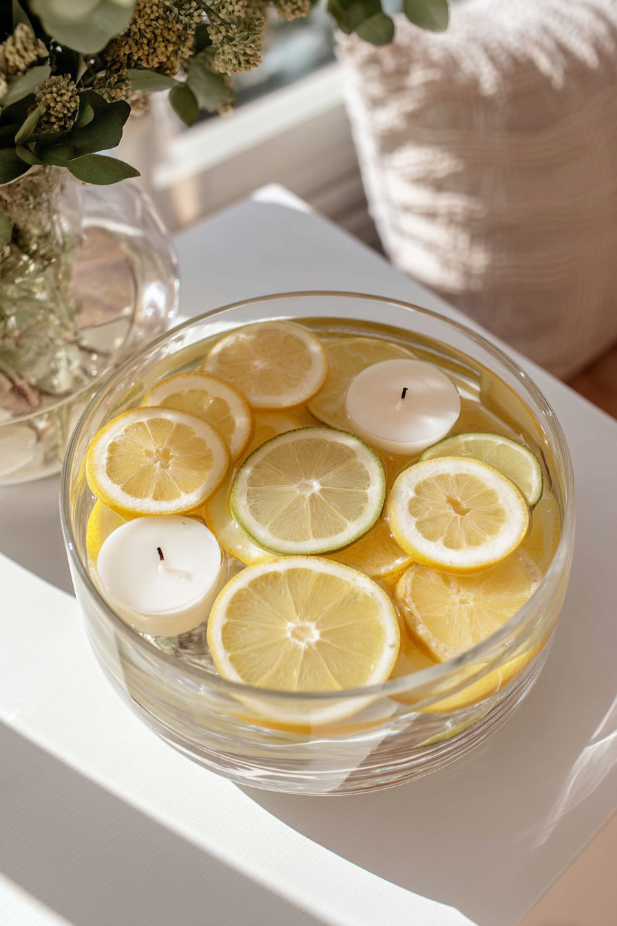 Schwimmende Kerzen und Zitronenscheiben im Glas