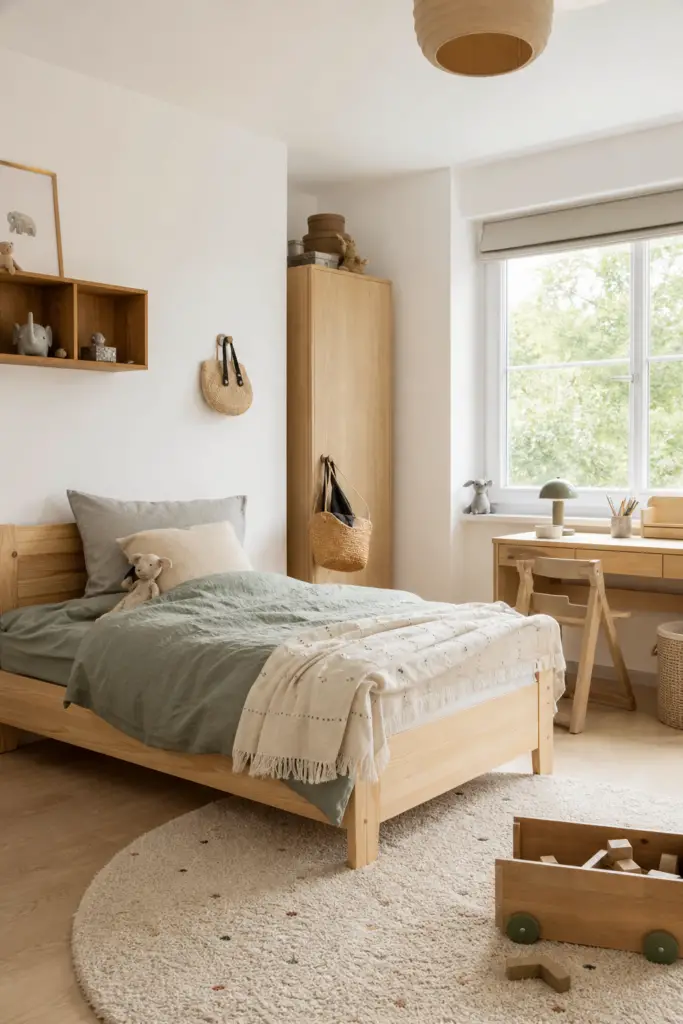 skandinavisches-kinderzimmer-ideen: 1. Schlichtes Holzbett aus Kiefer
