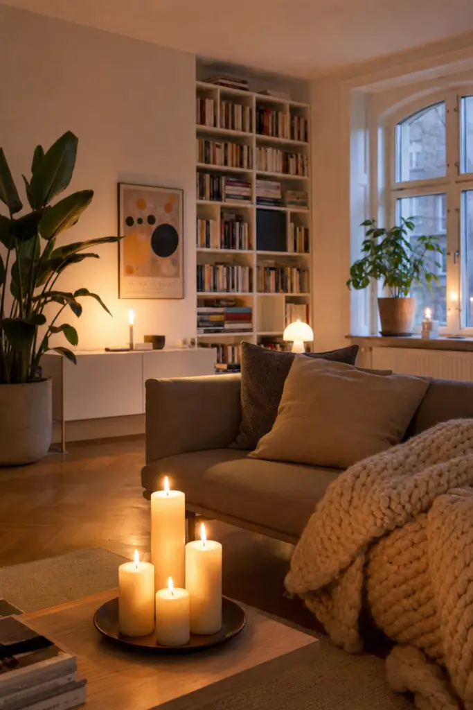 hygge-wohnzimmer-ideen: 1. Kerzen-Gruppen aufstellen