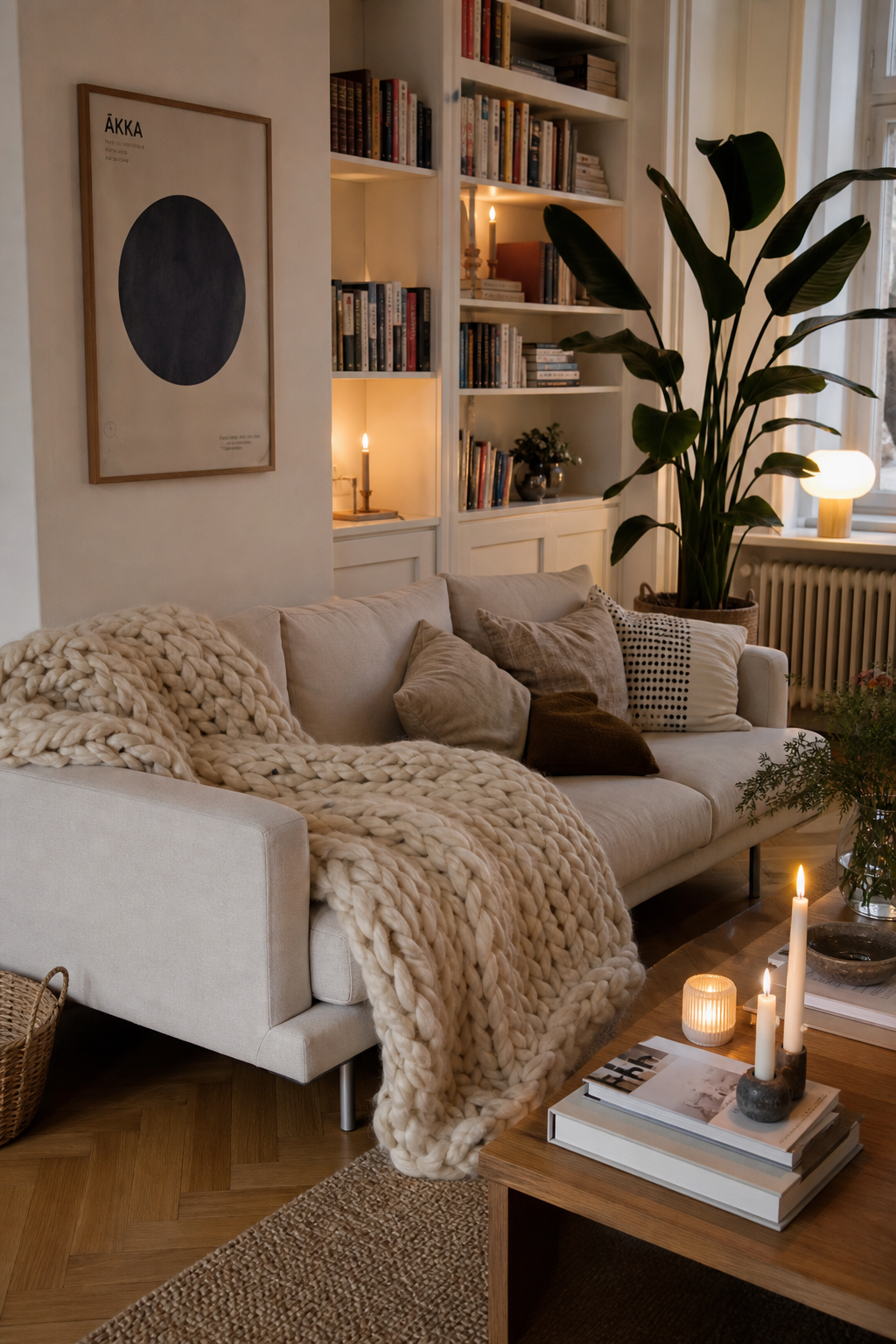 hygge-wohnzimmer-ideen: 2. Dicke Wolldecke uebers Sofa