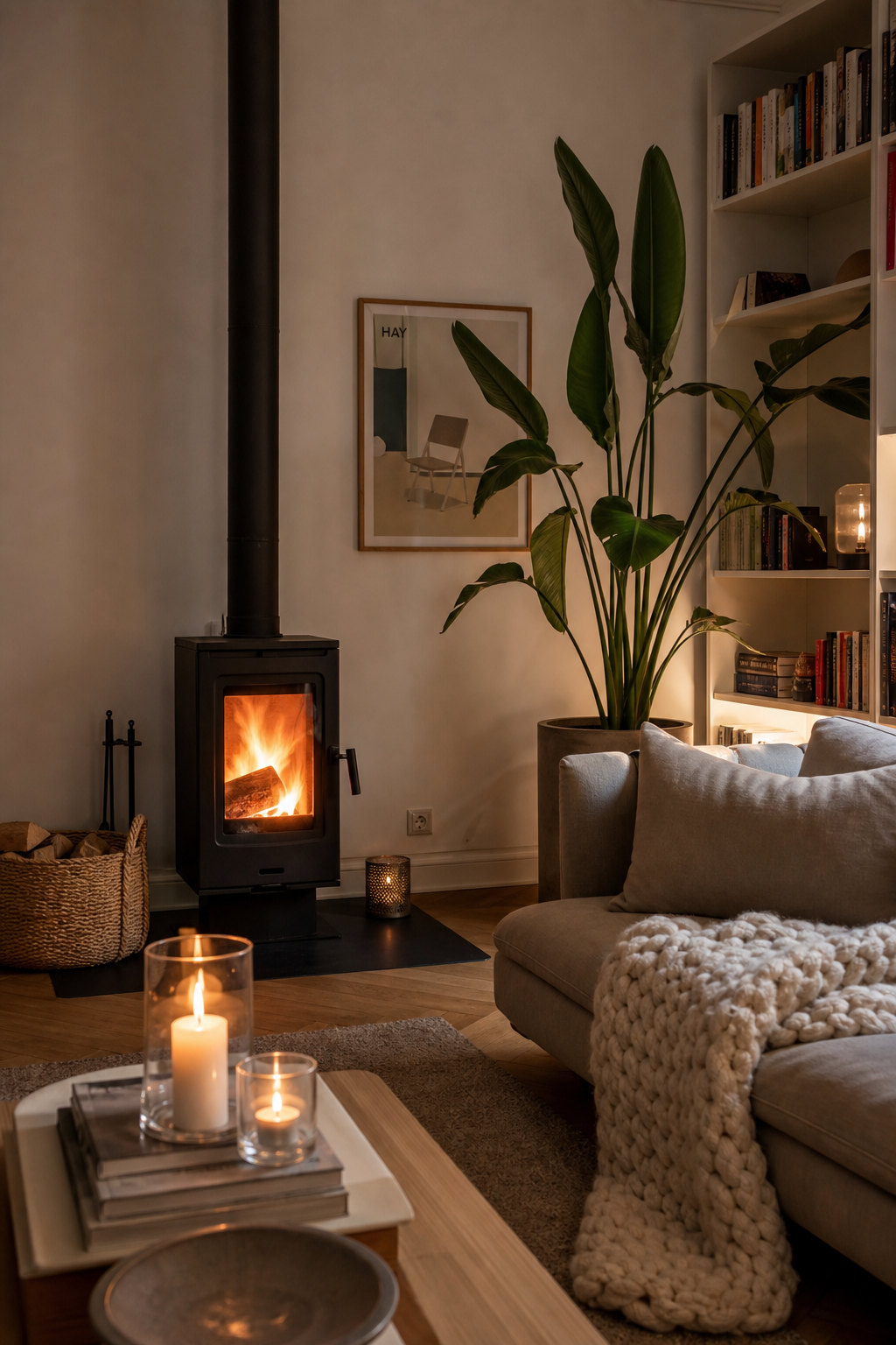 hygge-wohnzimmer-ideen: 3. Holzofen oder Kaminecke
