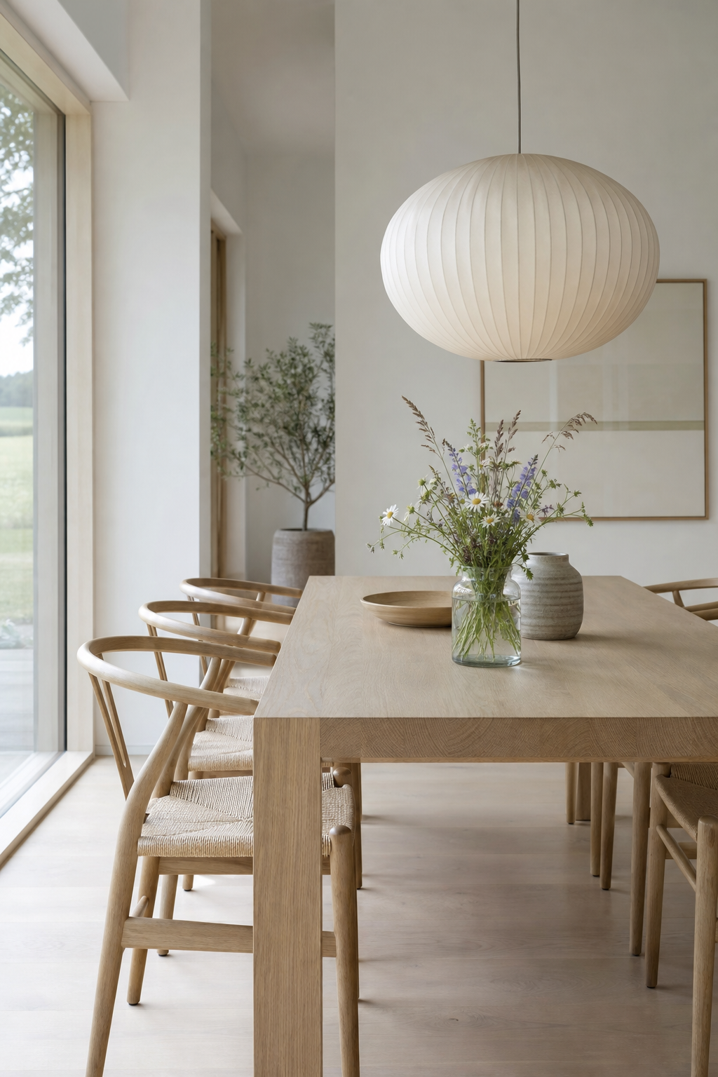 Minimalistisches Esszimmer mit Holztisch und Pendelleuchte
