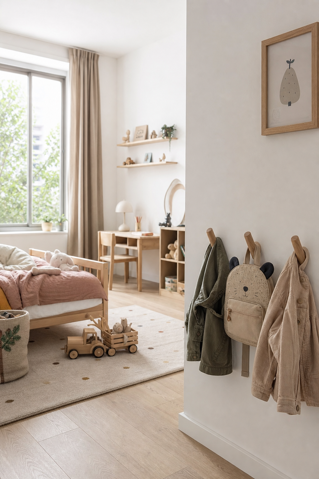 skandinavisches-kinderzimmer-ideen: 6. Kinder-Haken auf Augenhoehe