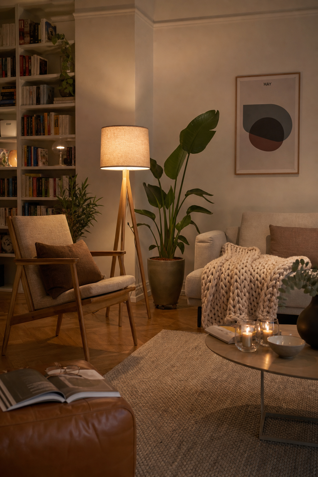 hygge-wohnzimmer-ideen: 6. Eine warme Leseleuchte