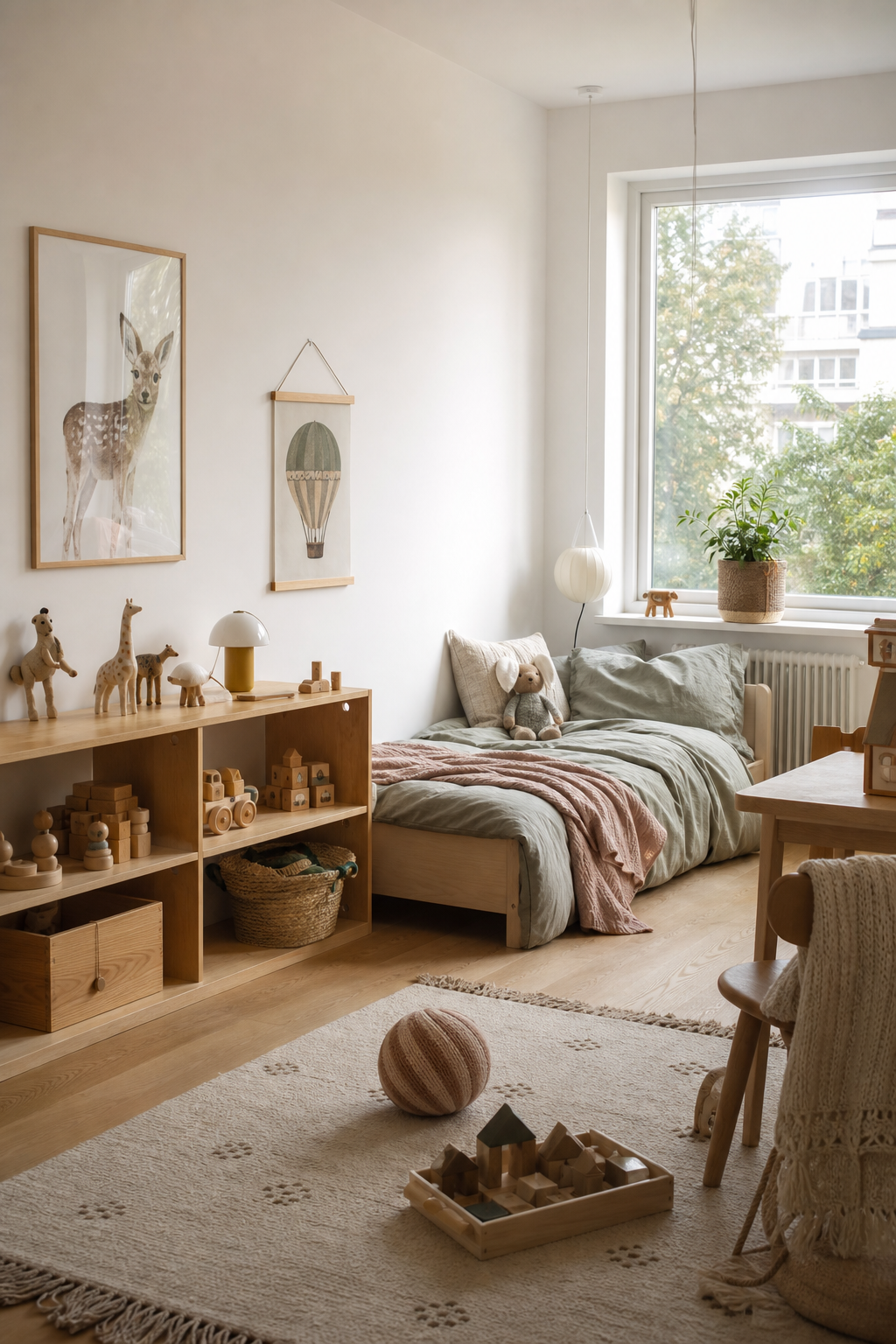skandinavisches-kinderzimmer-ideen: 7. Holzspielzeug offen praesentieren