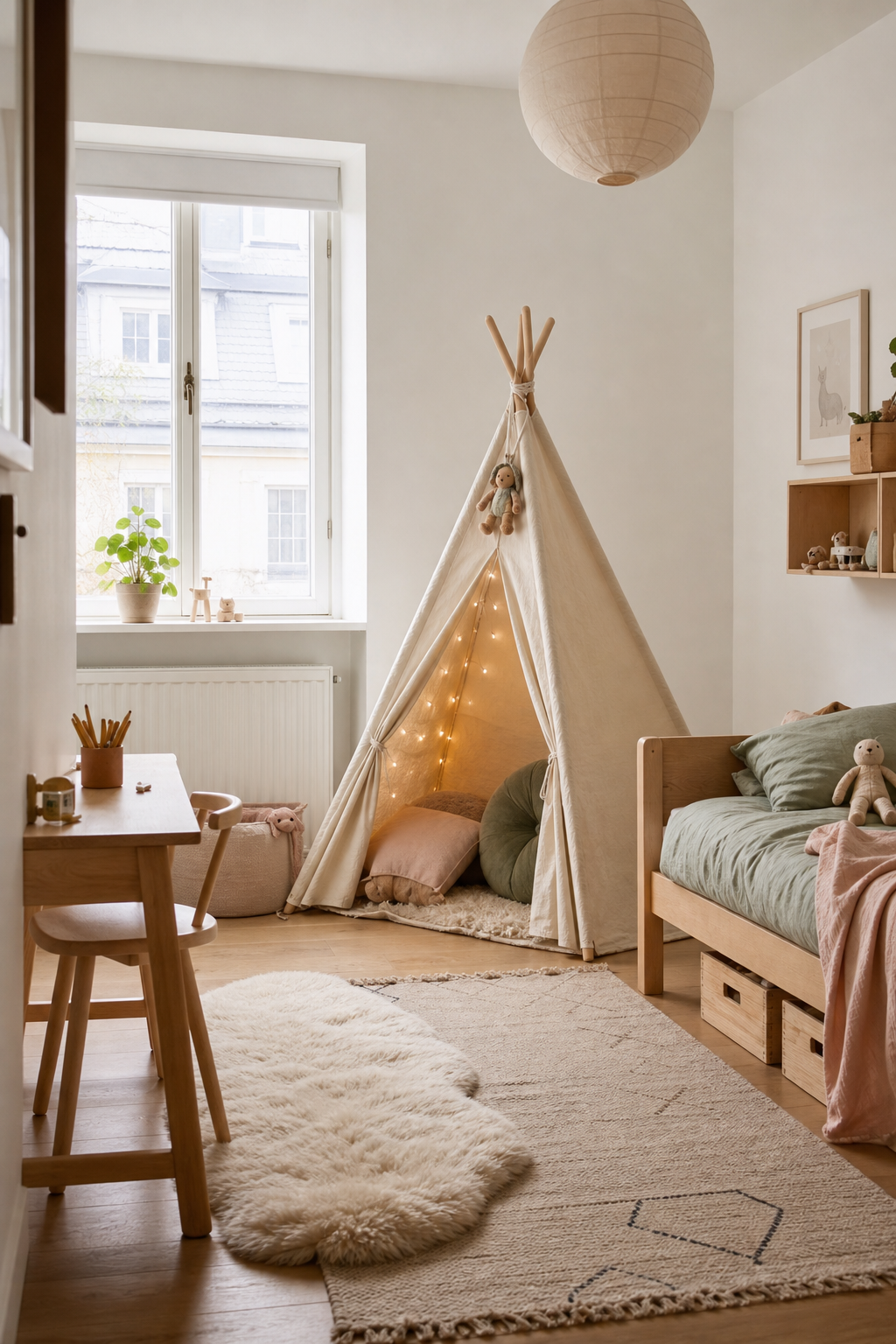skandinavisches-kinderzimmer-ideen: 8. Tipi oder Spielzelt aus Naturstoff