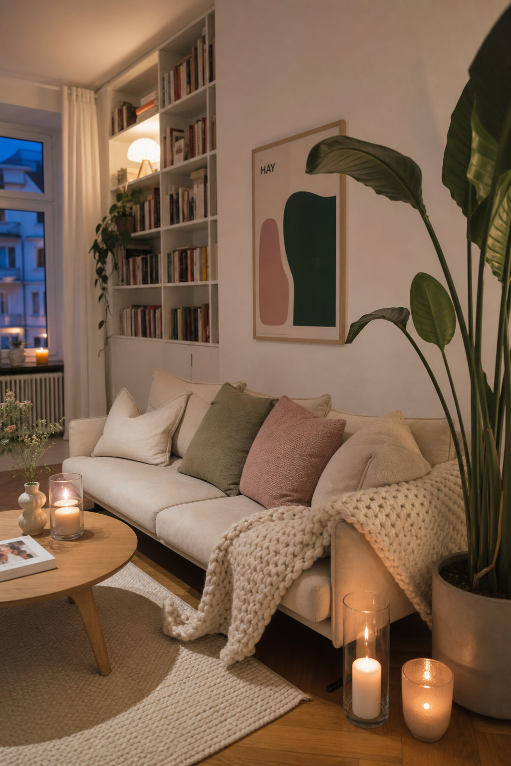 hygge-wohnzimmer-ideen: 9. Sofa mit vielen Kissen