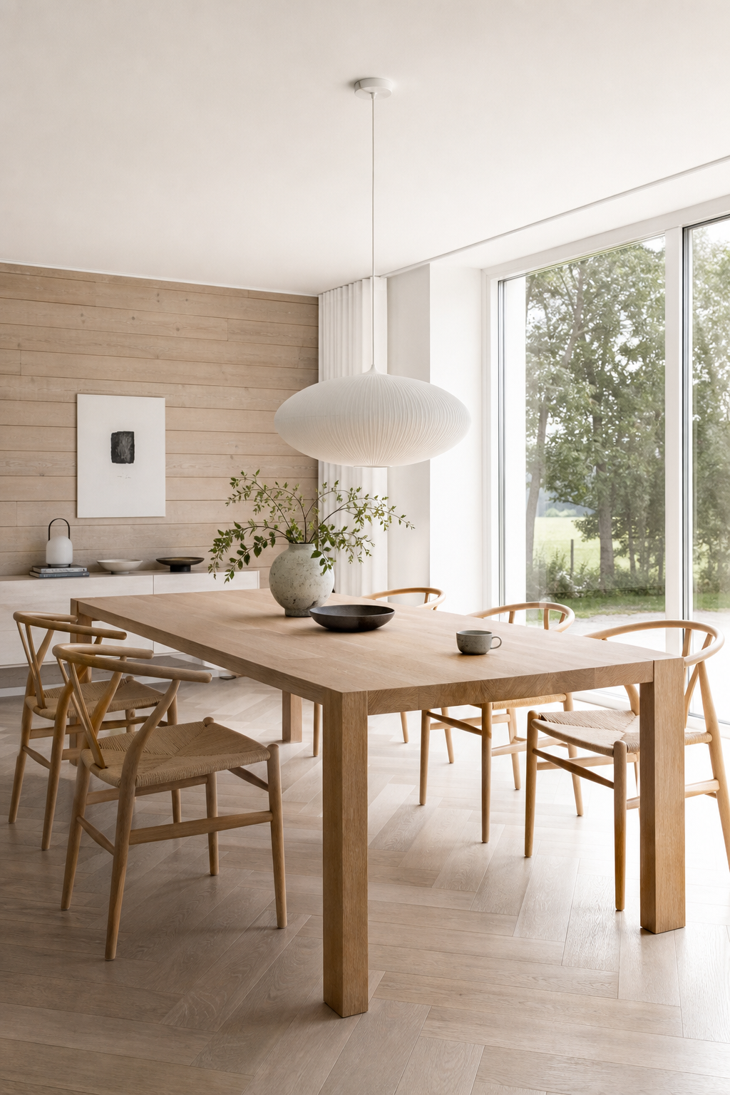 skandinavisches-esszimmer-ideen: 9. Weiße Wand + Holz-Akzentwand