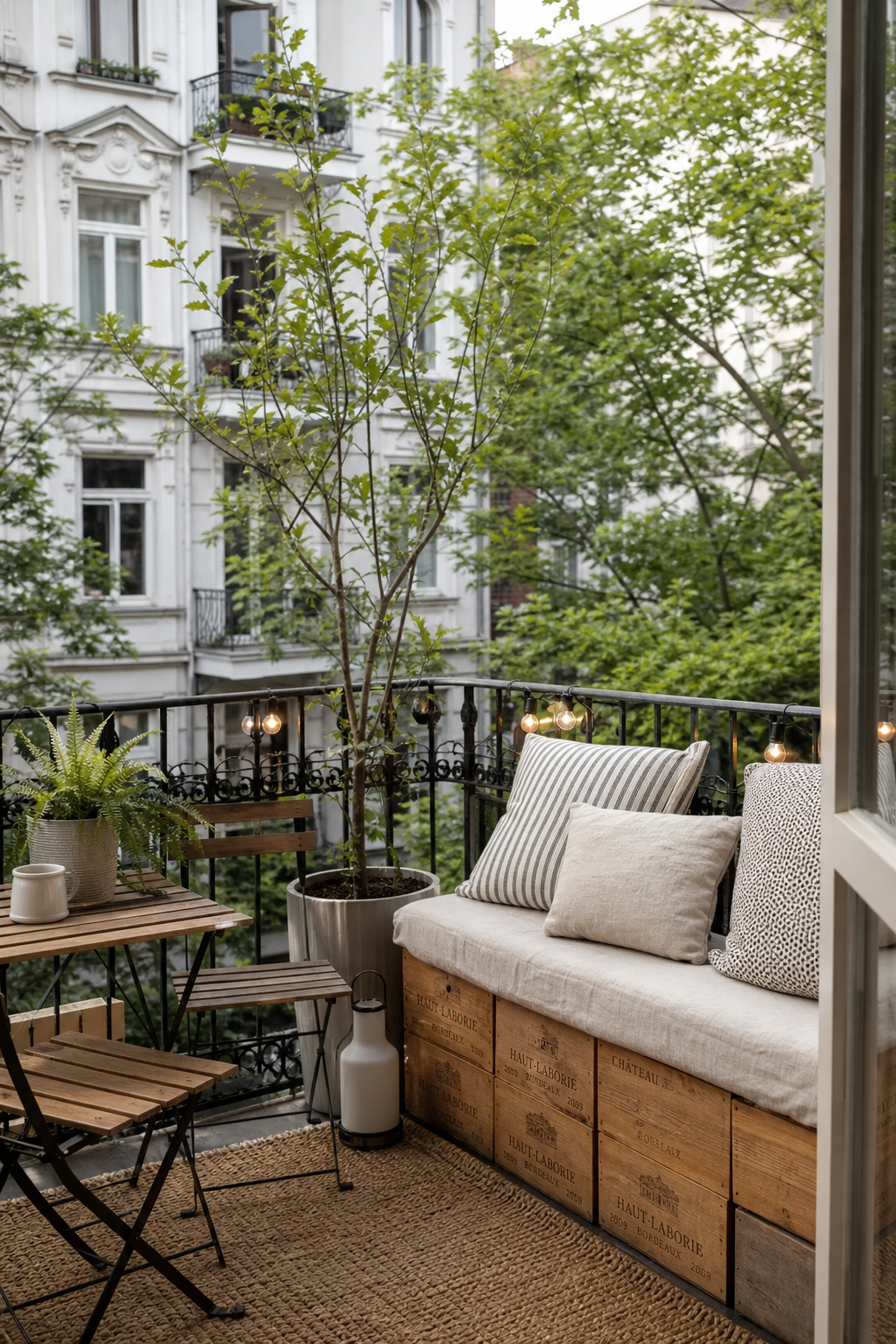 skandinavischer-balkon: 10. DIY-Sitzbank aus Weinkisten