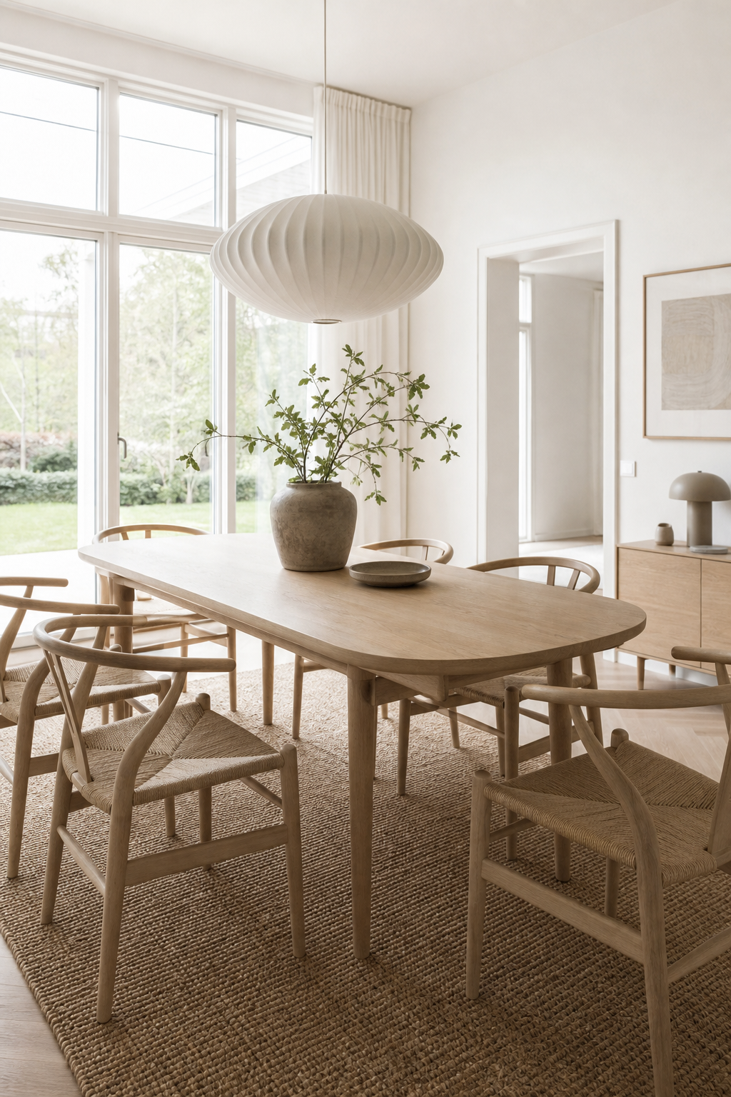 skandinavisches-esszimmer-ideen: 10. Jute-Teppich unter dem Tisch