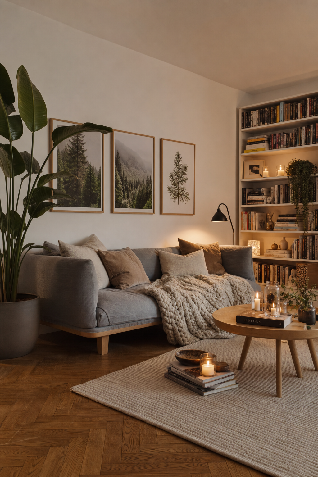 hygge-wohnzimmer-ideen: 11. Eine Bilderwand mit Holzrahmen