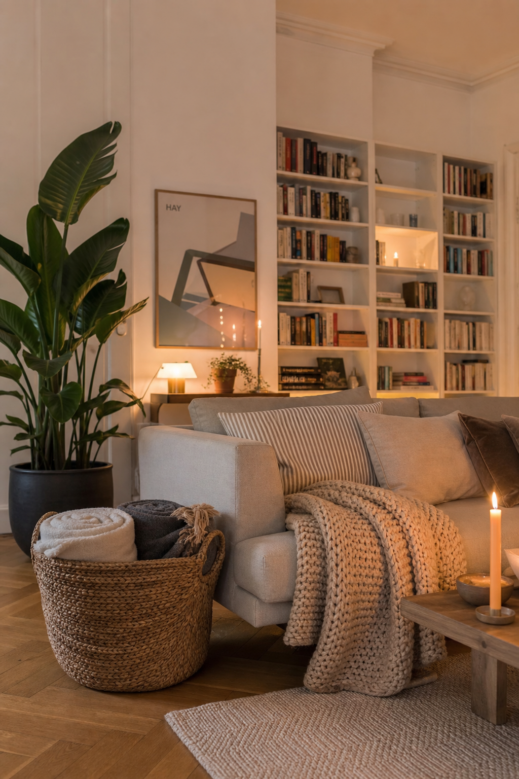 hygge-wohnzimmer-ideen: 12. Decken-Korb am Sofa