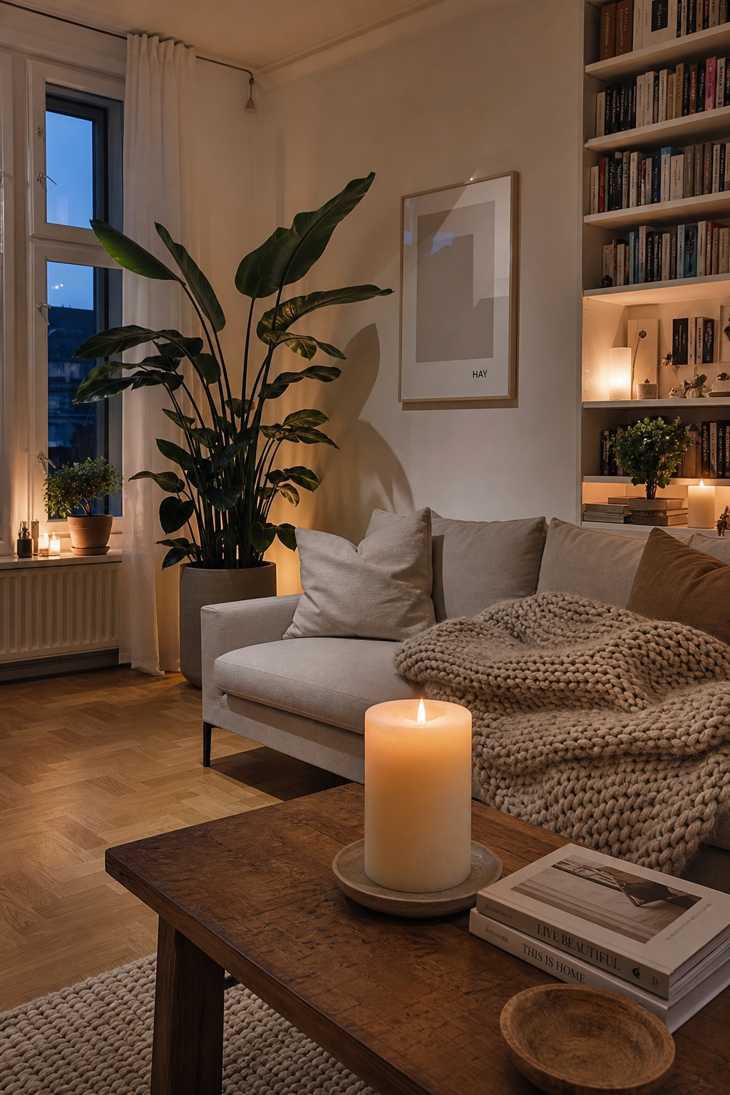 hygge-wohnzimmer-ideen: 13. Eine grosse Solo-Kerze