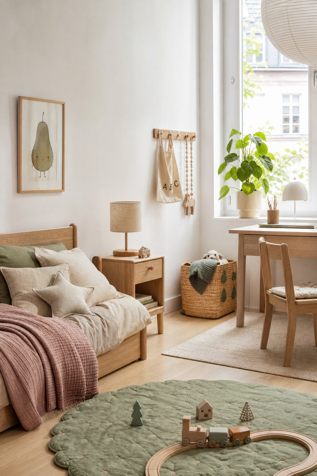 skandinavisches-kinderzimmer-ideen: 13. Schlichte Nachttischlampe aus Holz