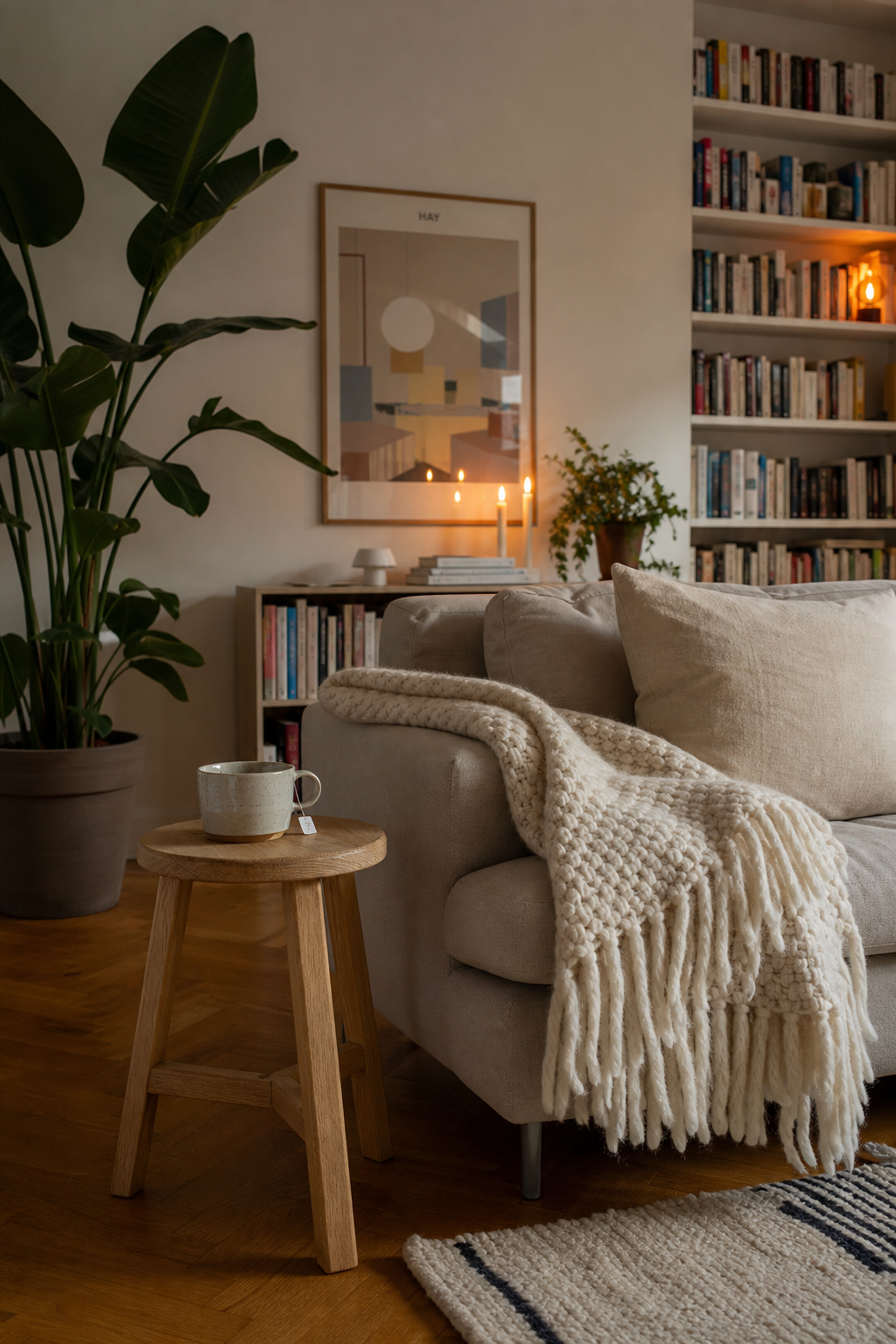 hygge-wohnzimmer-ideen: 14. Hocker statt Beistelltisch
