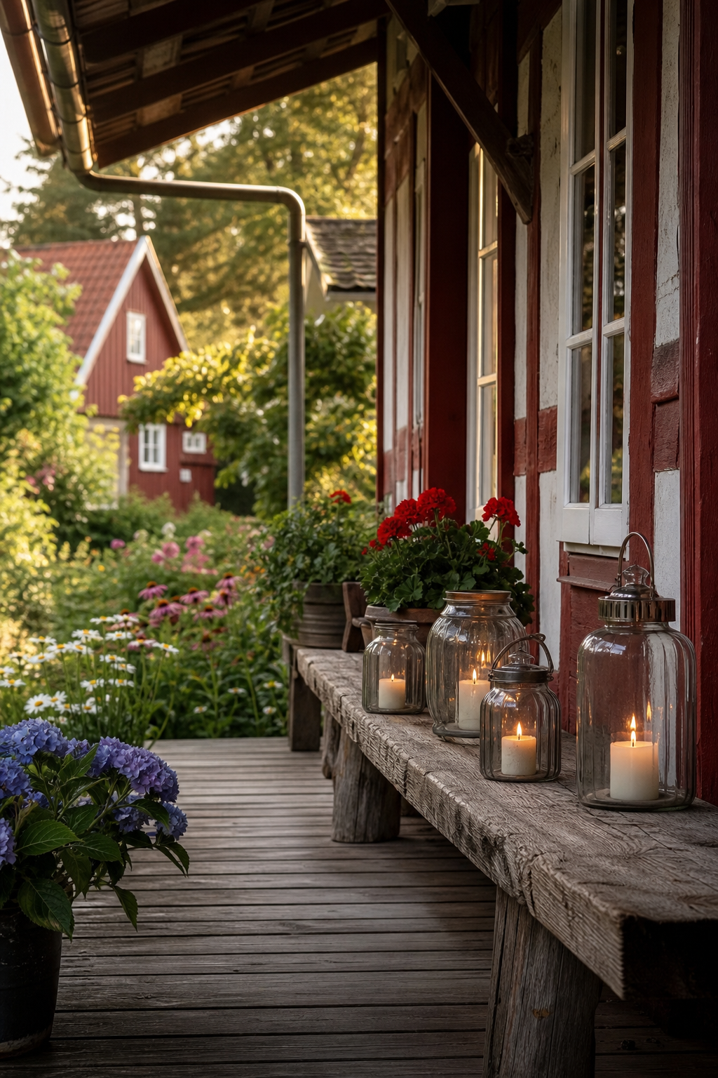 schwedenhaus-veranda-landhaus: 14. Glas-Windlichter auf langer Holzbank