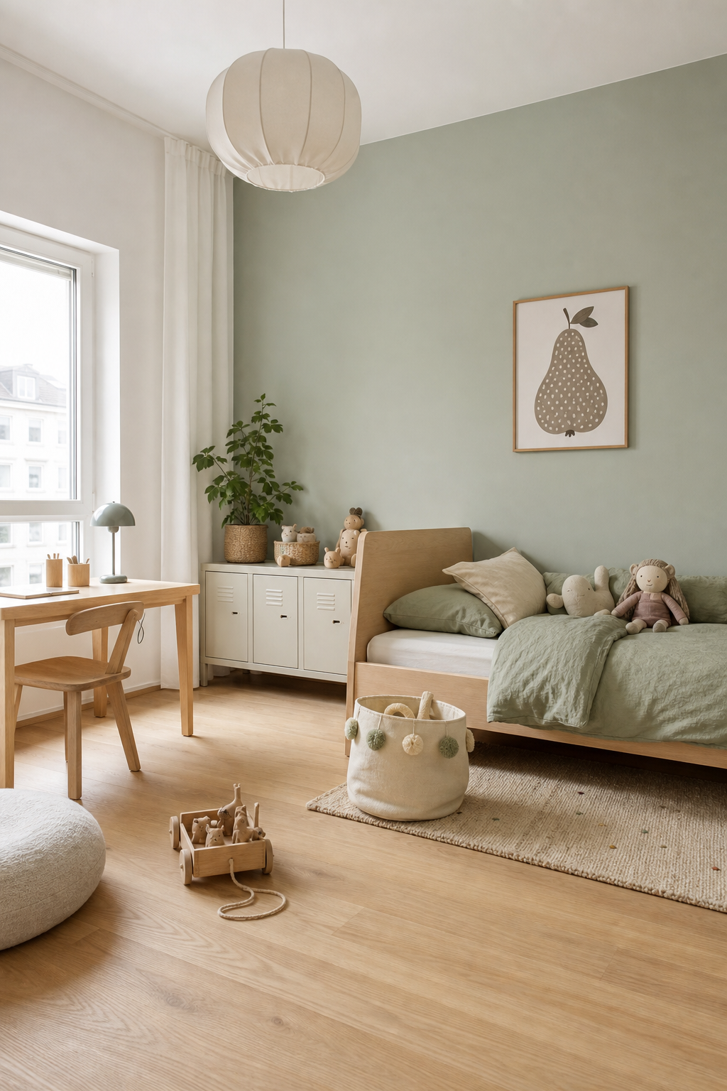 skandinavisches-kinderzimmer-ideen: 14. Eine Wand in Salbei-Gruen