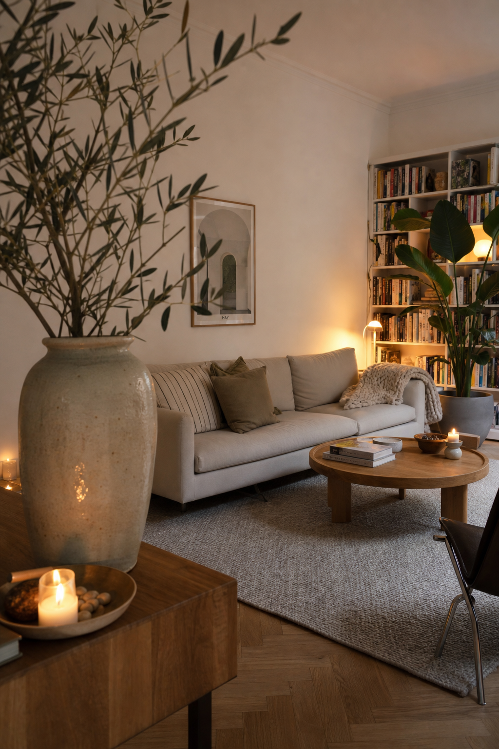 hygge-wohnzimmer-ideen: 15. Vase mit Zweigen aus dem Garten