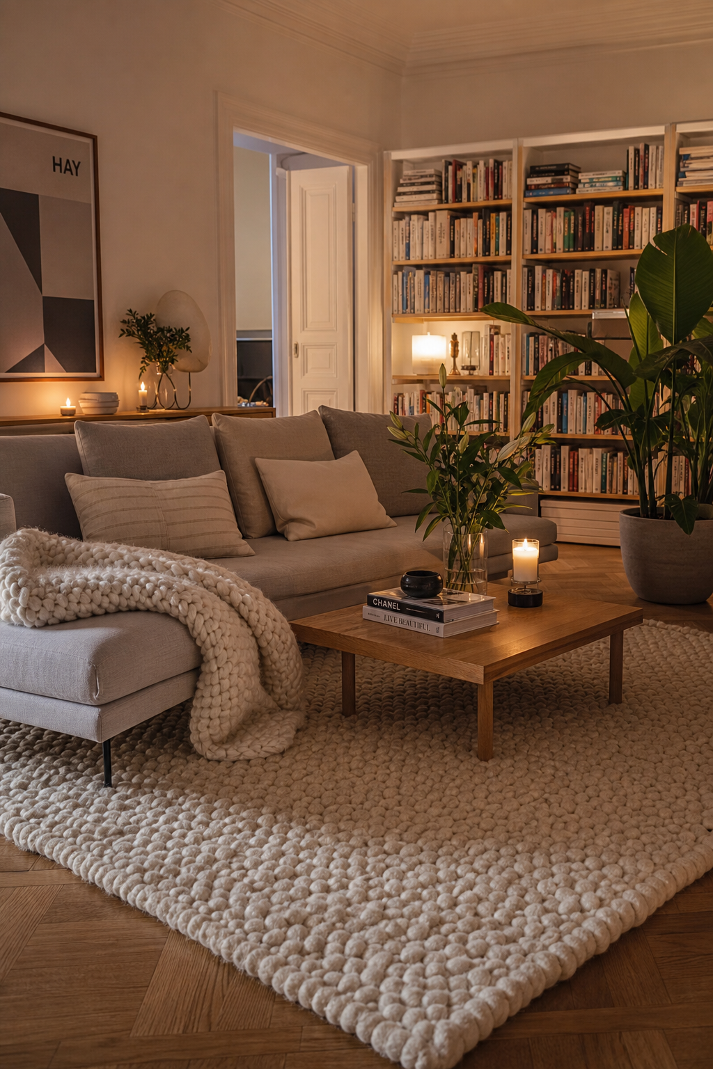hygge-wohnzimmer-ideen: 16. Dicker Teppich auf Holzboden