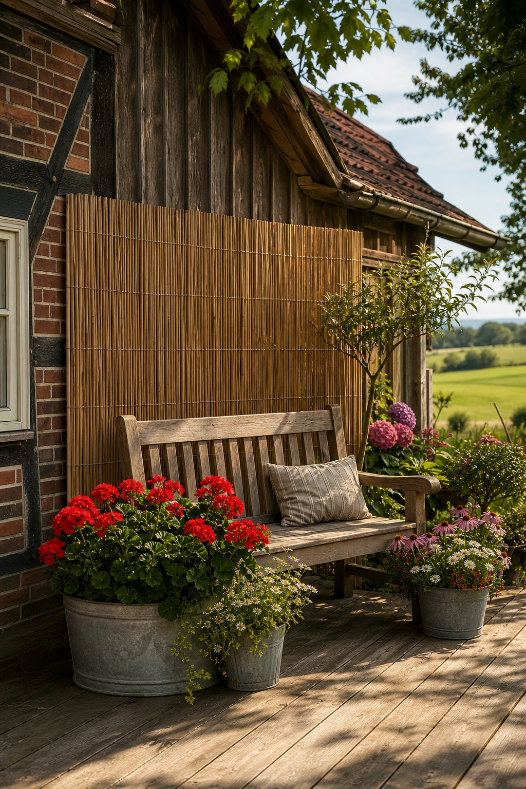 Bambus-Sichtschutz hinter Holzbank auf deutscher Cottage-Terrasse