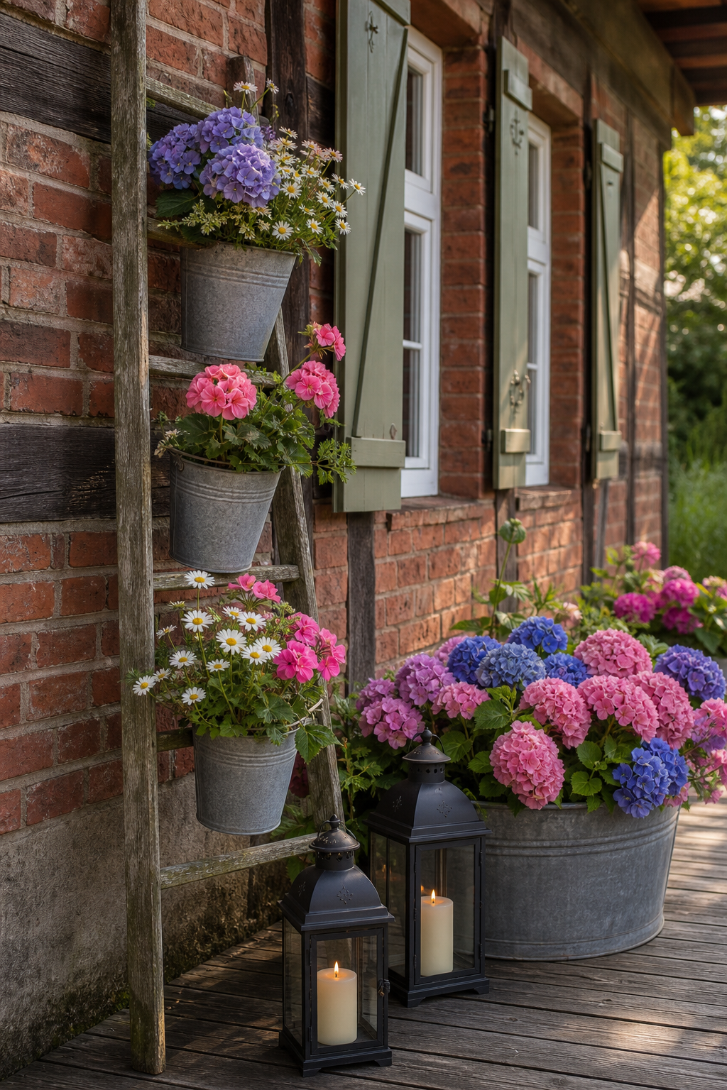 Holzleiter mit Zinkeimern voller Hortensien und Daisies an Klinker-Cottage