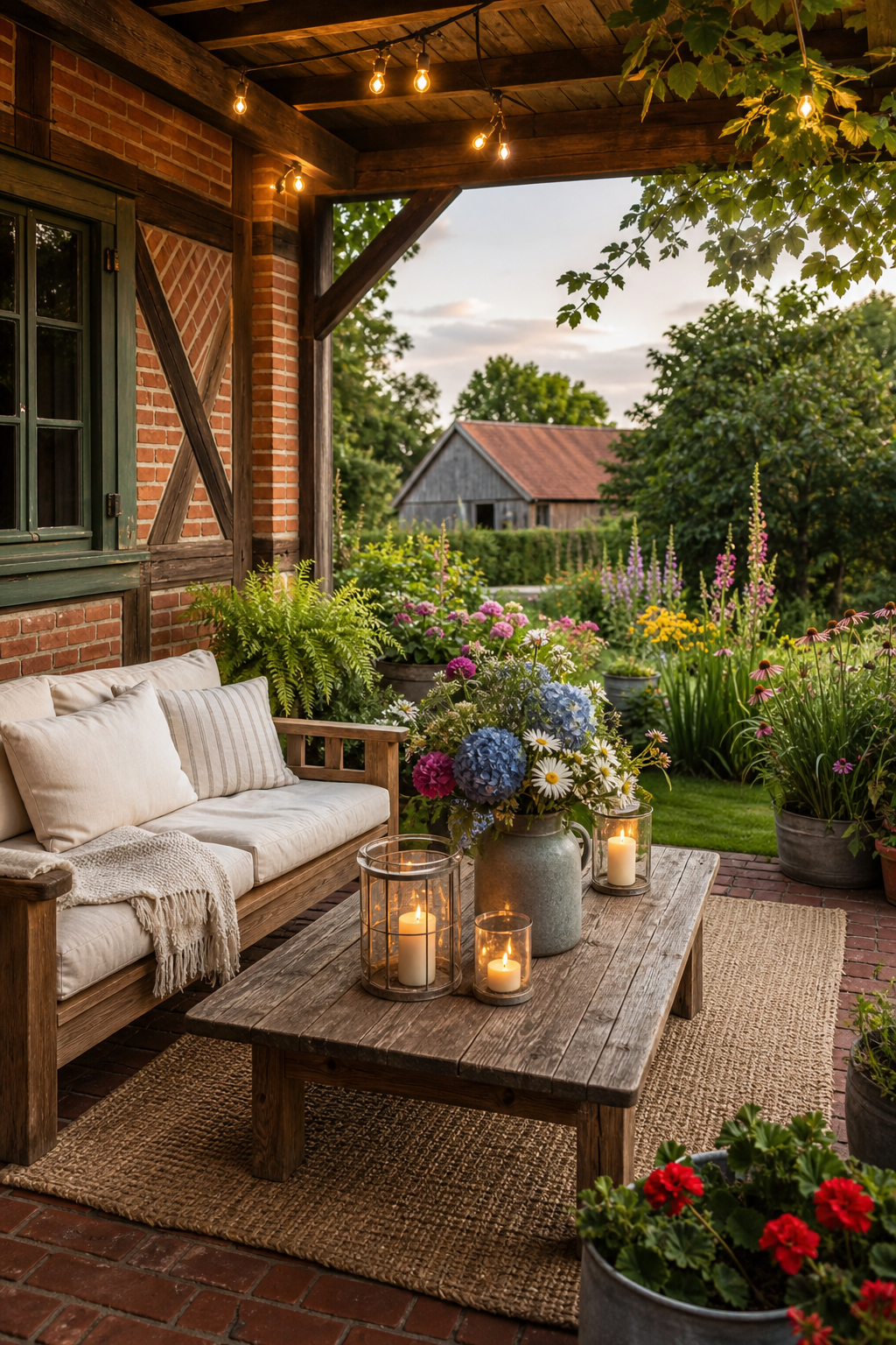 Stilvoll dekorierte deutsche Bauernhaus-Terrasse mit Lichterketten, Hortensien und Holzpergola