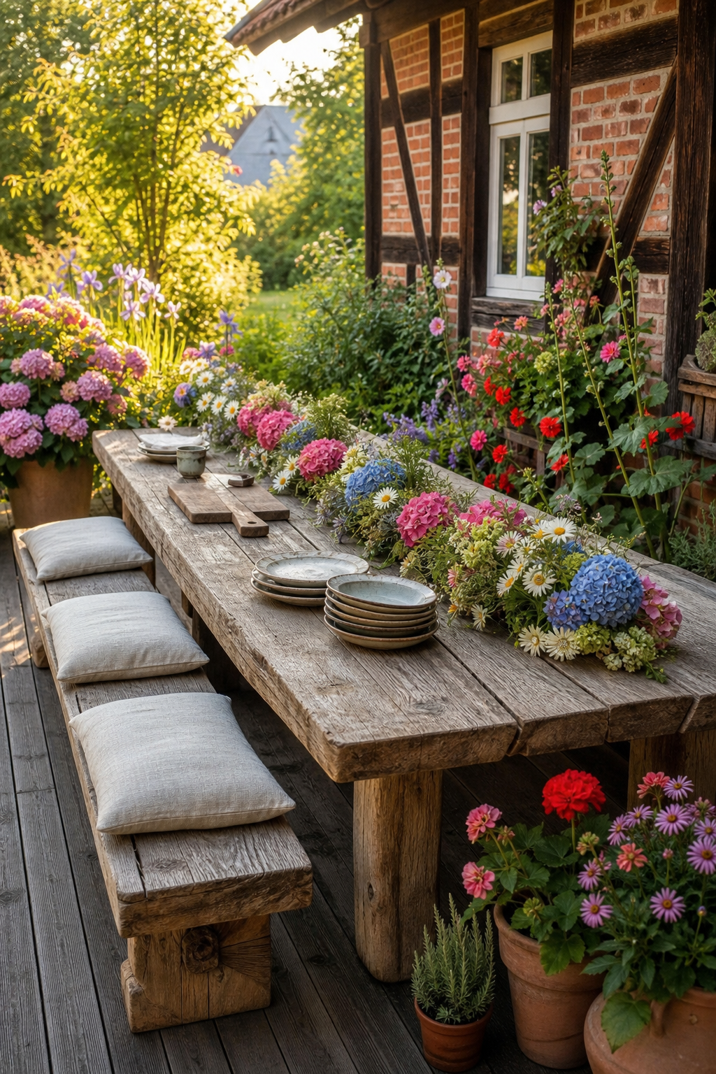 Massiver Eichen-Esstisch mit Hortensien-Läufer auf Fachwerk-Terrasse