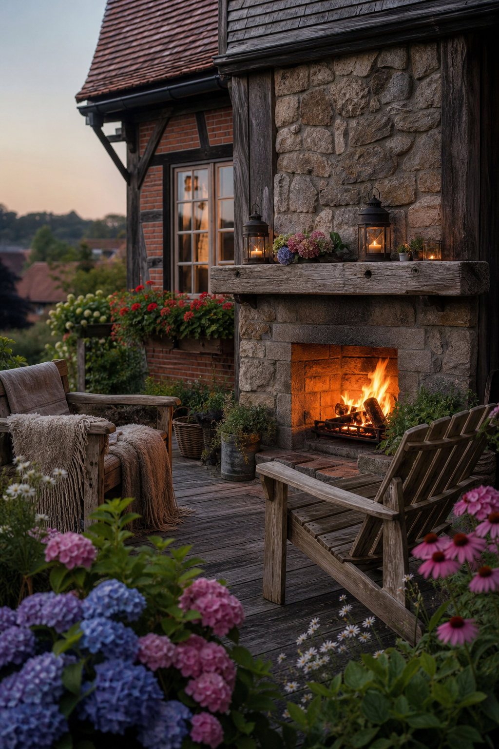 Steinkamin in deutscher Country-Terrasse mit Holzbank