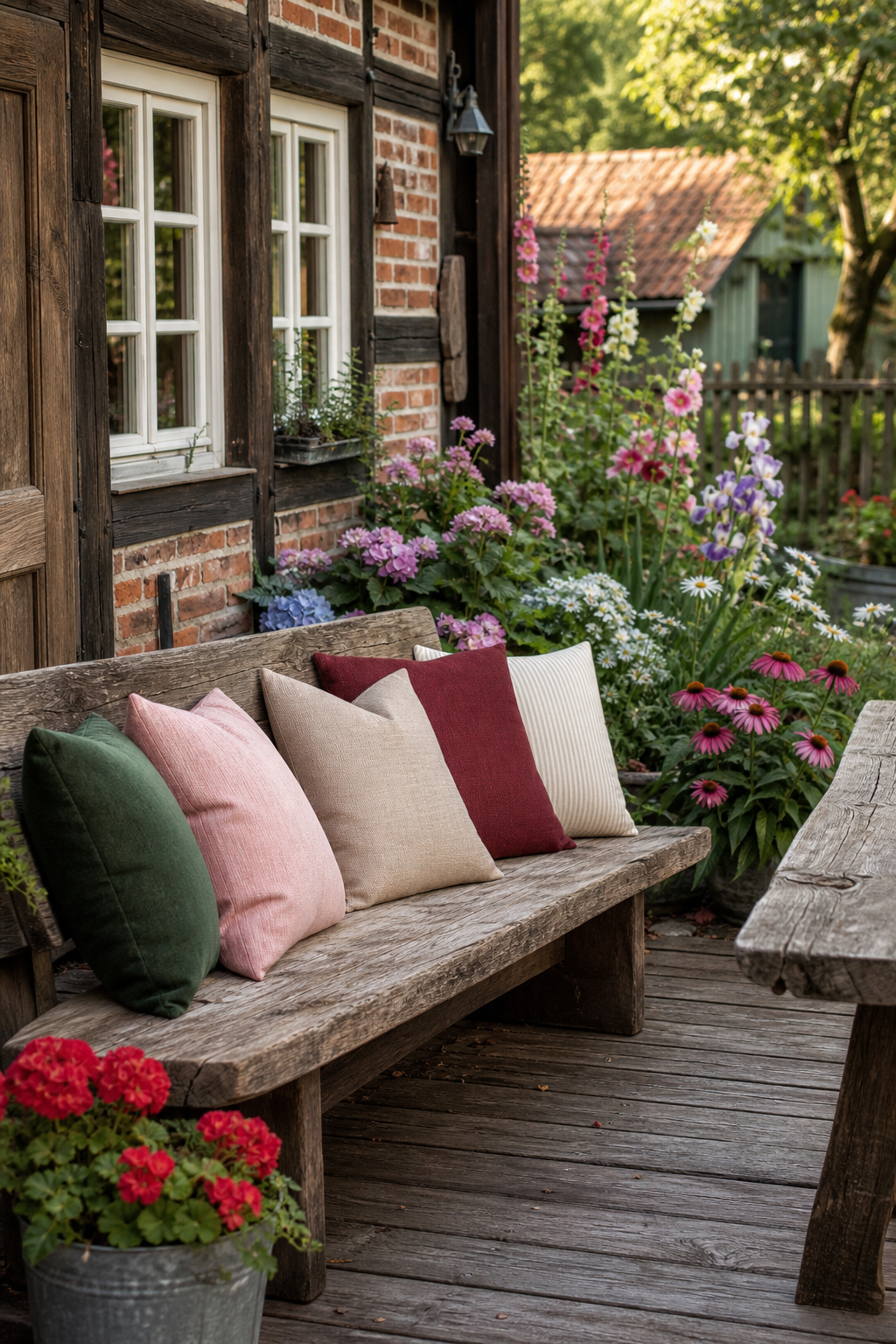 Outdoor-Kissen in Cottage-Farben auf rustikaler Eichen-Bank