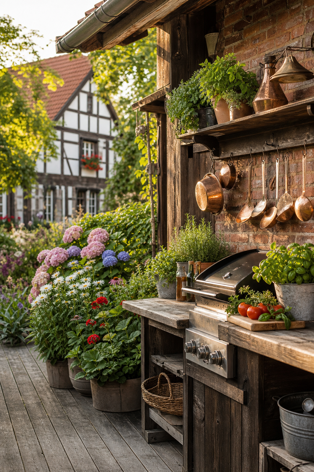 Country-Outdoorküche mit Kupfer-Töpfen und Kräutern an Klinker-Wand