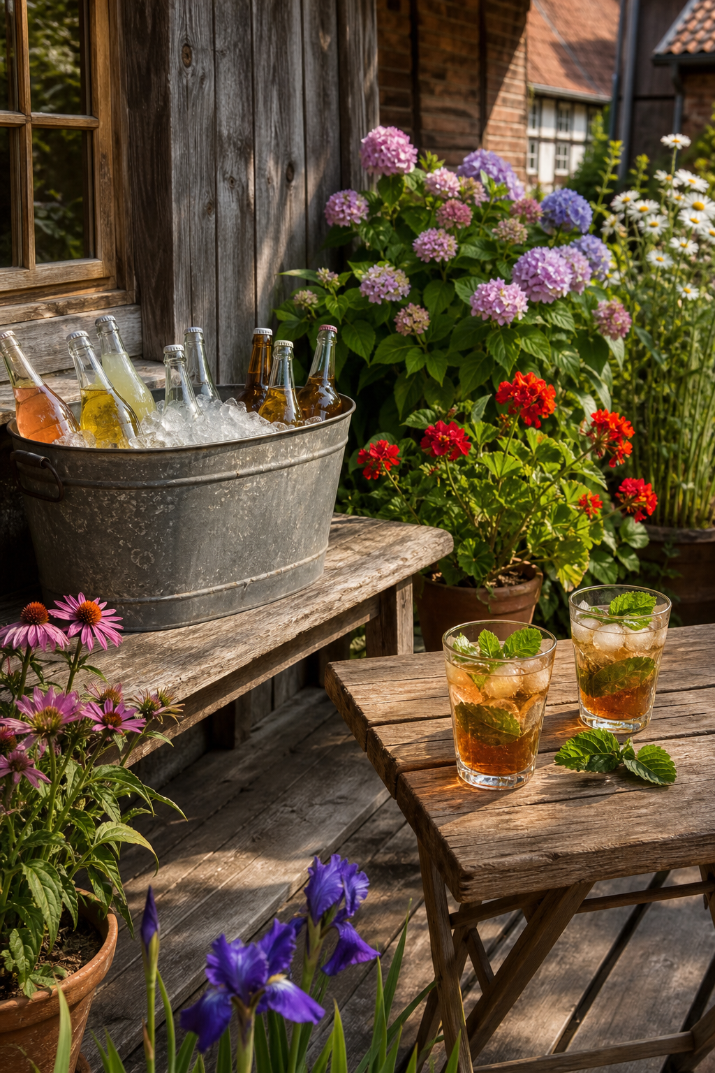 Zink-Wanne mit Eis und Flaschen auf Country-Terrasse