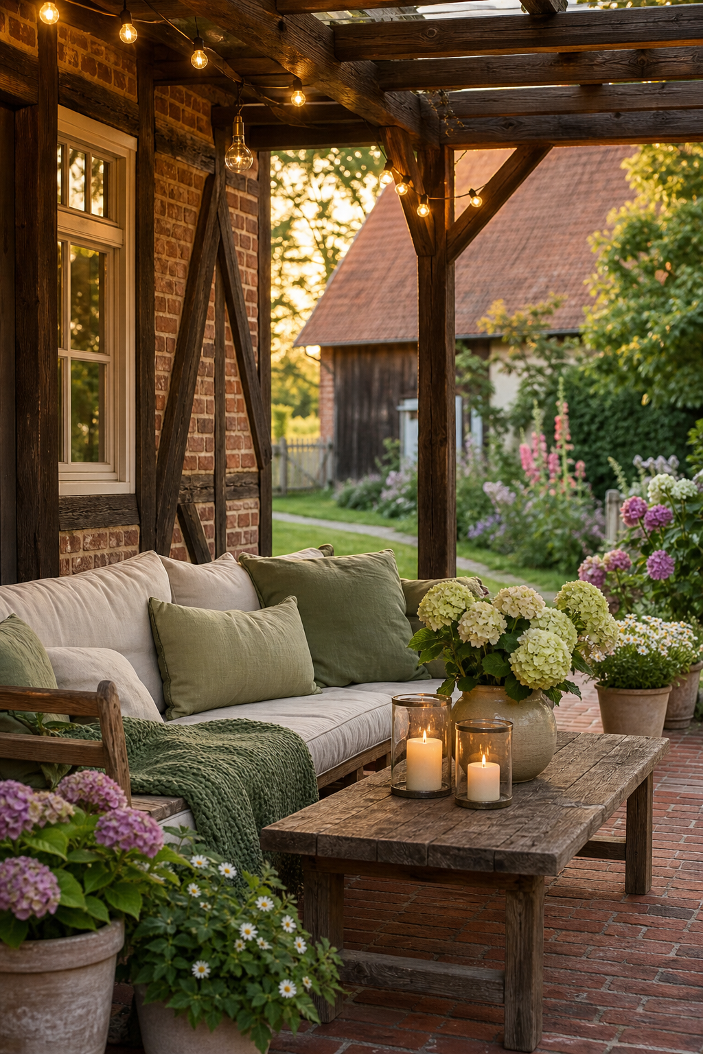 Lichterketten über deutscher Holzpergola mit Backstein-Cottage