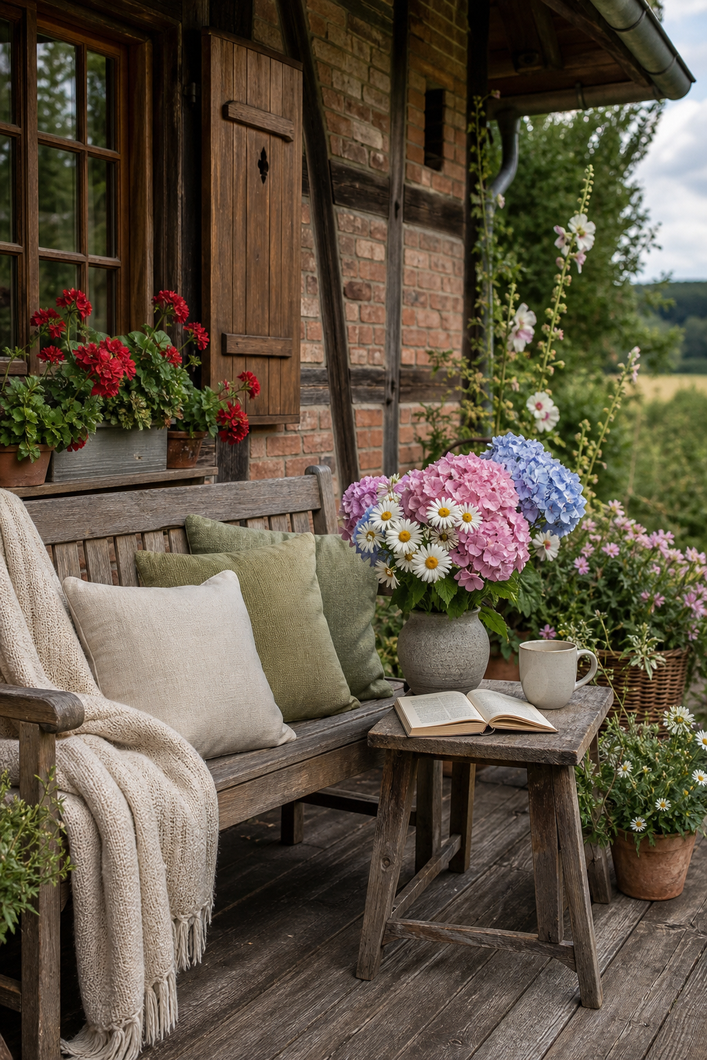 Eichen-Gartenbank mit Leinen-Kissen, Hortensien-Strauß und Fachwerk