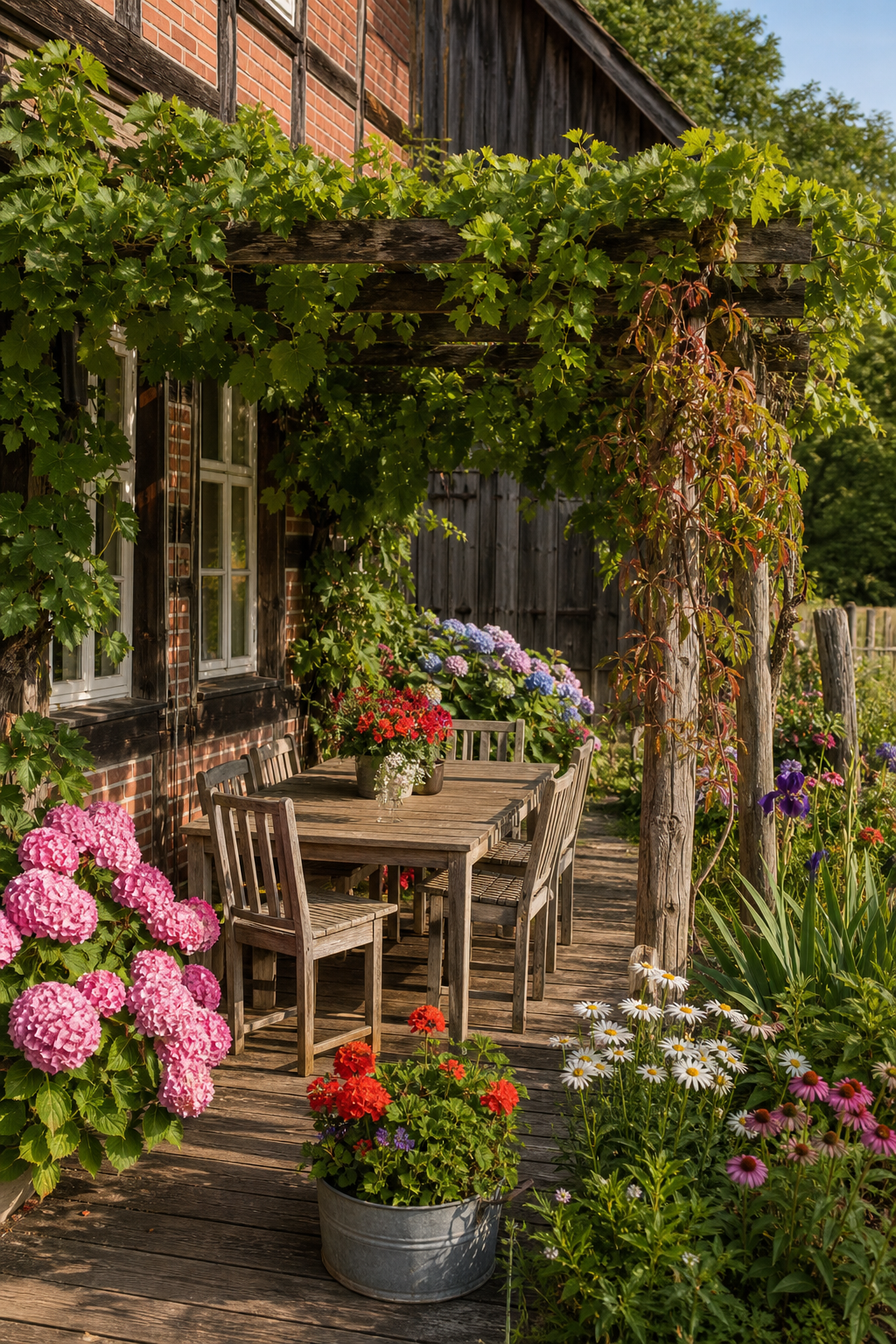 Holzpergola mit Weinreben über deutscher Cottage-Terrasse