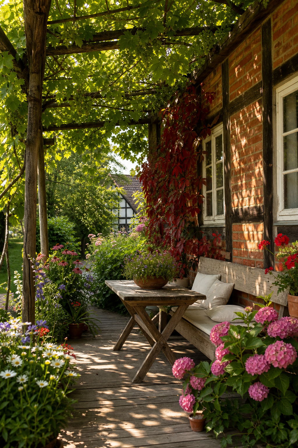 Berankte Holzpergola mit Wein für natürlichen Schatten