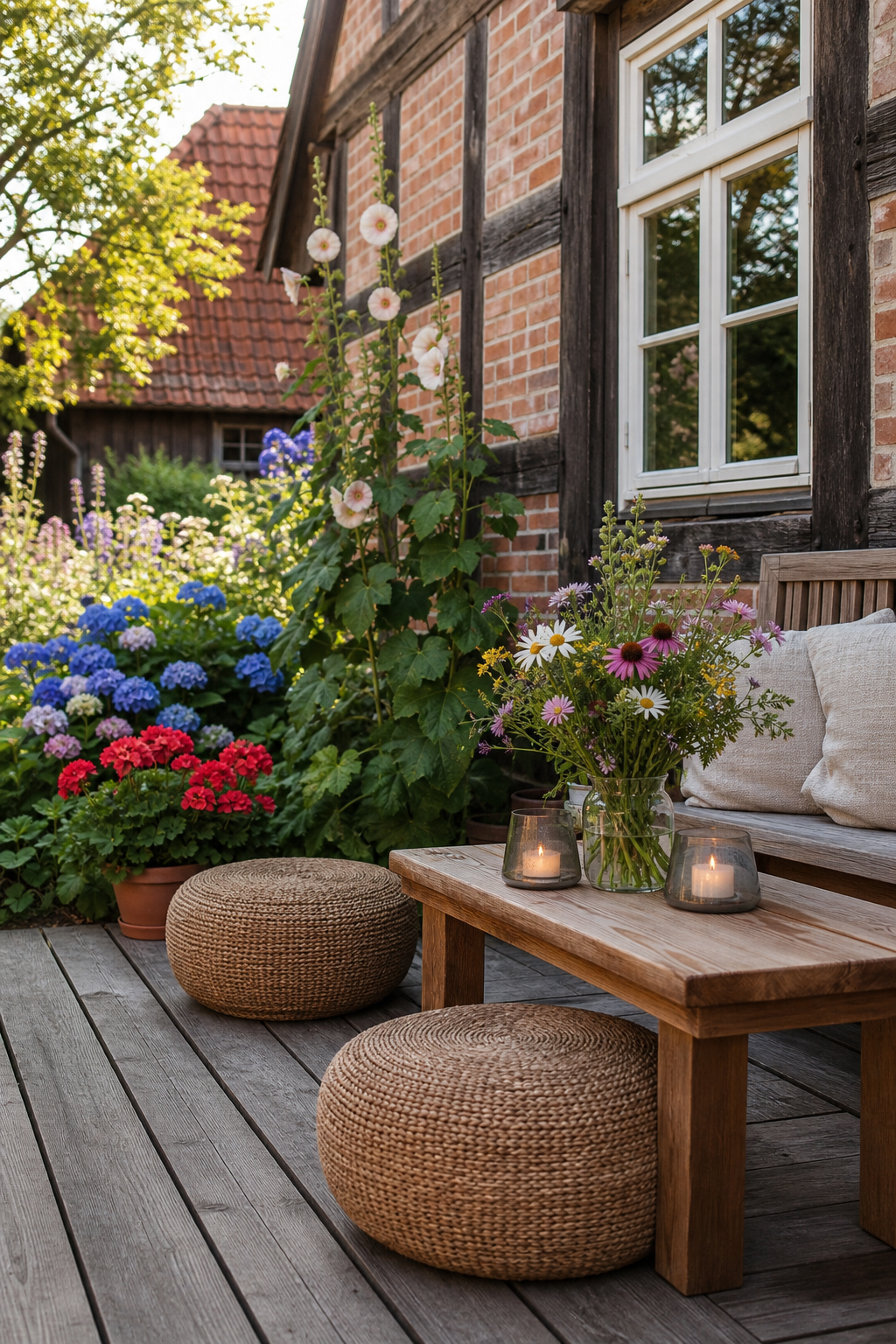 Jute-Outdoor-Poufs auf Holzdielen mit Fachwerk-Hintergrund